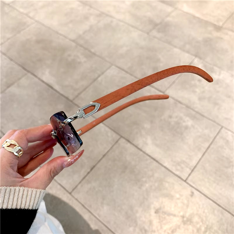 Rimless Sunglasses for Men Women Wooden Pattern Luxury Brand Retro Sun Glasses Fashion Shades UV400 Travel Outdoor