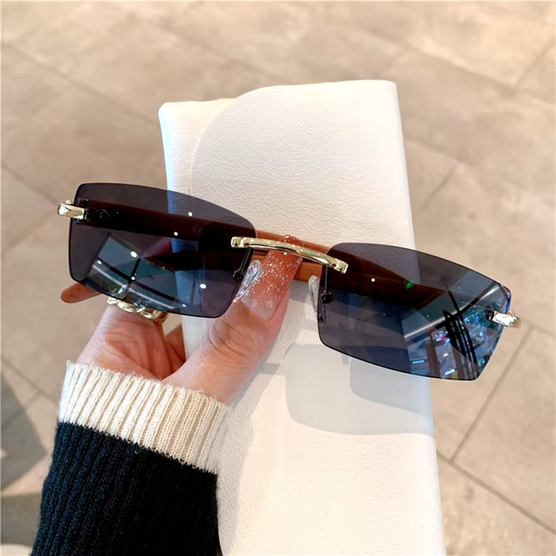 Rimless Sunglasses for Men Women Wooden Pattern Luxury Brand Retro Sun Glasses Fashion Shades UV400 Travel Outdoor