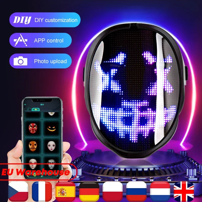 Halloween LED Display Programmable Mask LED Bluetooth RGB Light up Party DIY Photo Editing Animated Text Prank Concert Mask