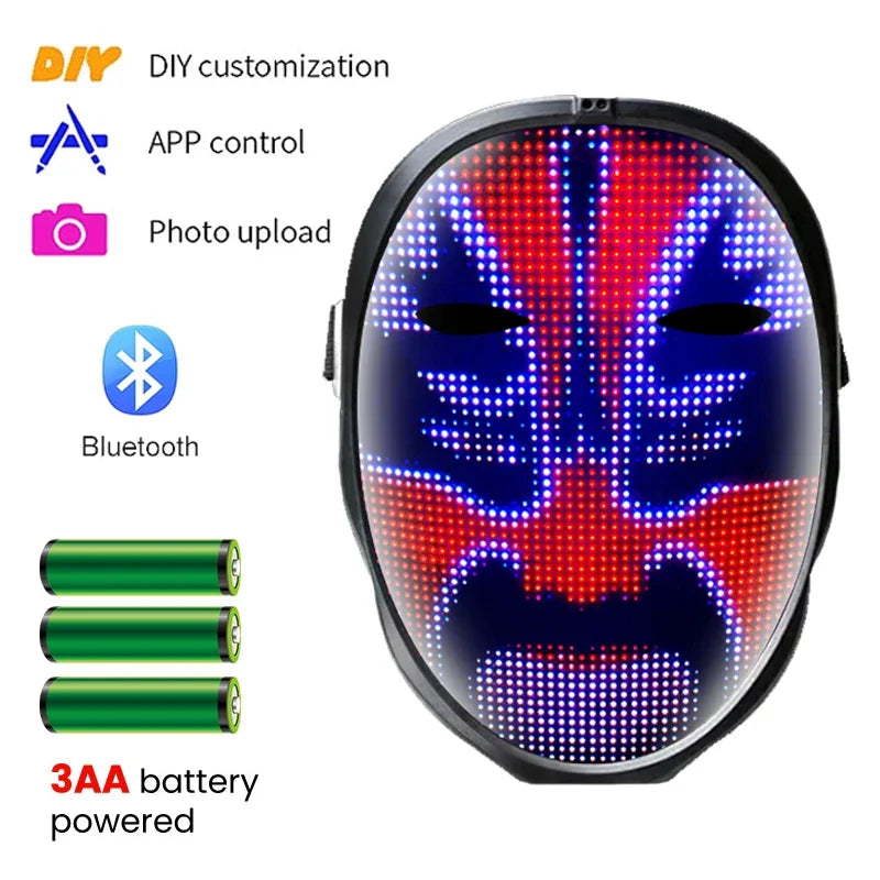 Halloween LED Display Programmable Mask LED Bluetooth RGB Light up Party DIY Photo Editing Animated Text Prank Concert Mask