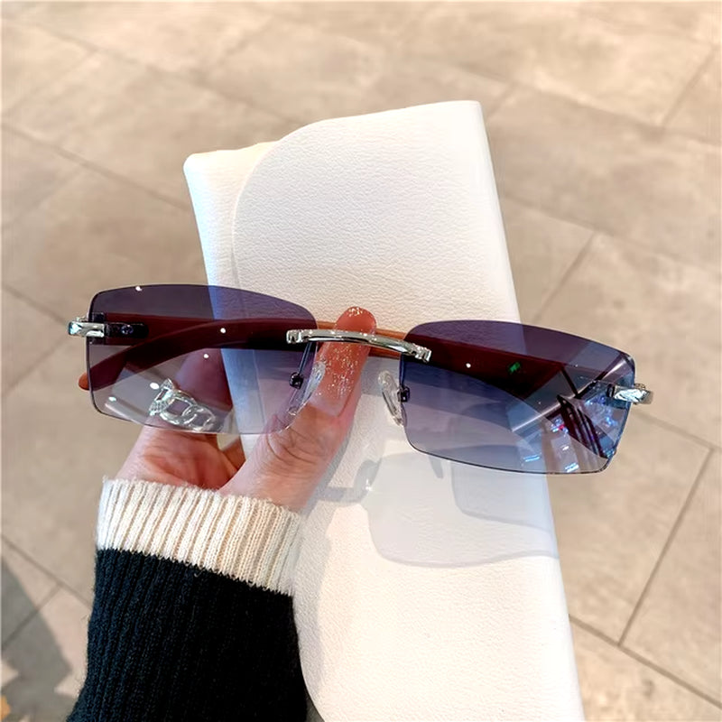 Rimless Sunglasses for Men Women Wooden Pattern Luxury Brand Retro Sun Glasses Fashion Shades UV400 Travel Outdoor