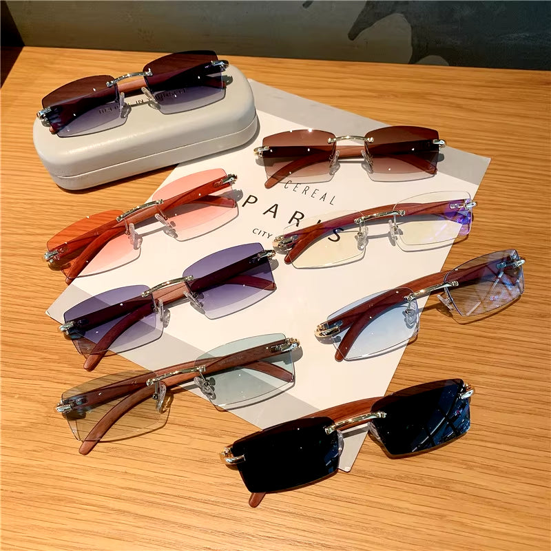 Rimless Sunglasses for Men Women Wooden Pattern Luxury Brand Retro Sun Glasses Fashion Shades UV400 Travel Outdoor