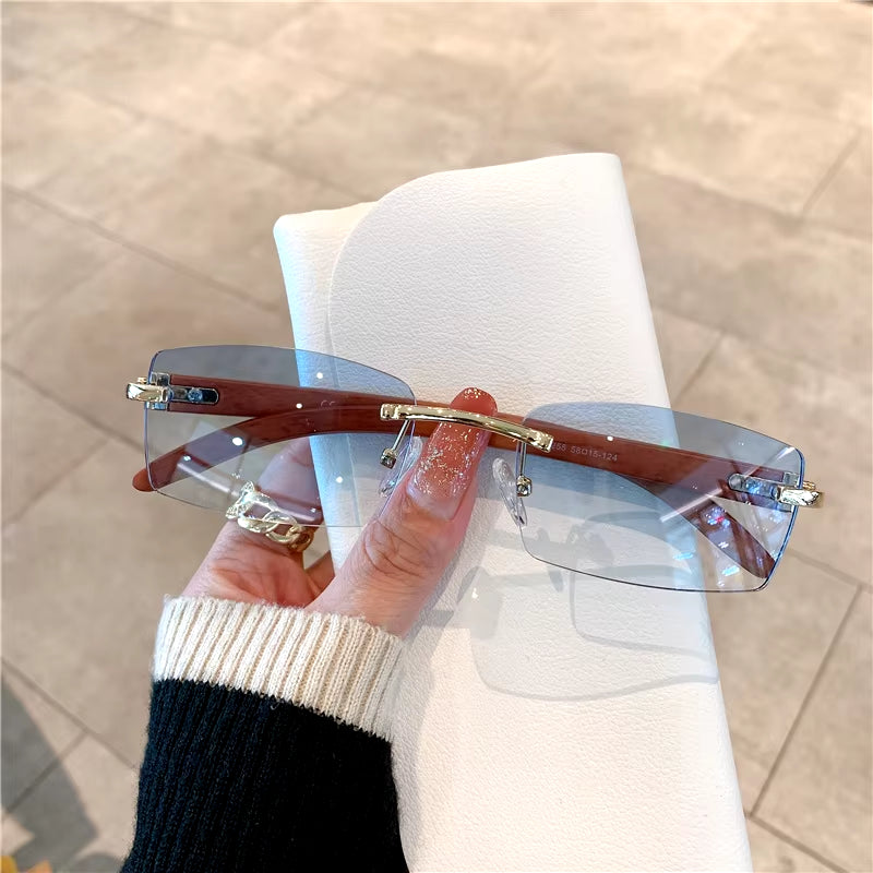 Rimless Sunglasses for Men Women Wooden Pattern Luxury Brand Retro Sun Glasses Fashion Shades UV400 Travel Outdoor